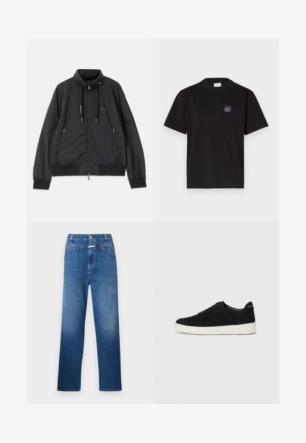 Black lightweight zip-up jacket with stand collar, zippered side pockets, drawstrings, ribbed cuffs, and Armani Exchange logo on chest.; Black cotton t-shirt with a crew neck and short sleeves. Features a small blue logo on the left chest. Simple, straight-cut design.; Blue denim jeans with a straight-leg cut, featuring a button closure, belt loops, and subtle fading on the thighs.; Black suede sneaker with lace-up design and contrasting white rubber sole. Features textured side panels and subtle branding on the heel.