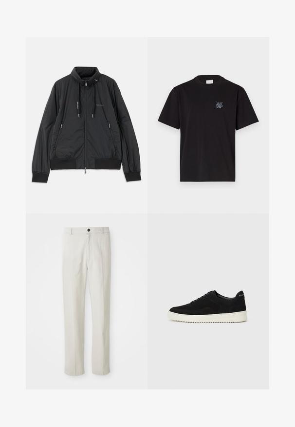 Sort letvægts zip-up jakke med standkrave, lynlåslommer på siden, snore, ribbede manchetter og Armani Exchange-logo på brystet.; Sort bomulds t-shirt med rund hals og korte ærmer. Har et lille blåt logo på venstre bryst. Simpel, lige snit design.; Beige lige ben bukser med bæltestropper, frontknap og lynlås, udstillet fladt på en hvid baggrund.; Sort ruskinds sneaker med snørebånd og kontrasterende hvid gummisål. Har teksturerede sidepaneler og diskret branding på hælen.