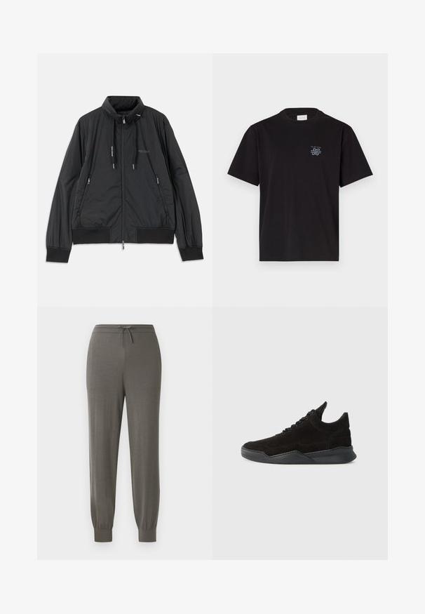 Črn lahek jakna na zadrgo s stojnicnim ovratnikom, zadrgami na strani, vrvicami, rebrastimi manšeti in logotipom Armani Exchange na prsih.; Črna bombažna majica s kratkimi rokavi in kroоровim ovratnikom. Ima majhen modri logotip na levem prsnem delu. Preprost, ravno krojen dizajn.; Sive hlače za tek z vezanjem v pasu, zoženimi manšetami, mehkobo tkanine in gladkim, minimalističnim dizajnom.; Črne semiške superge z nizkim profilom, teksturiranim zgornjim delom, ravnimi vezalkami in trdnim gumijastim podplatom, ki ima rahlo peto in ukrivljen dizajn.