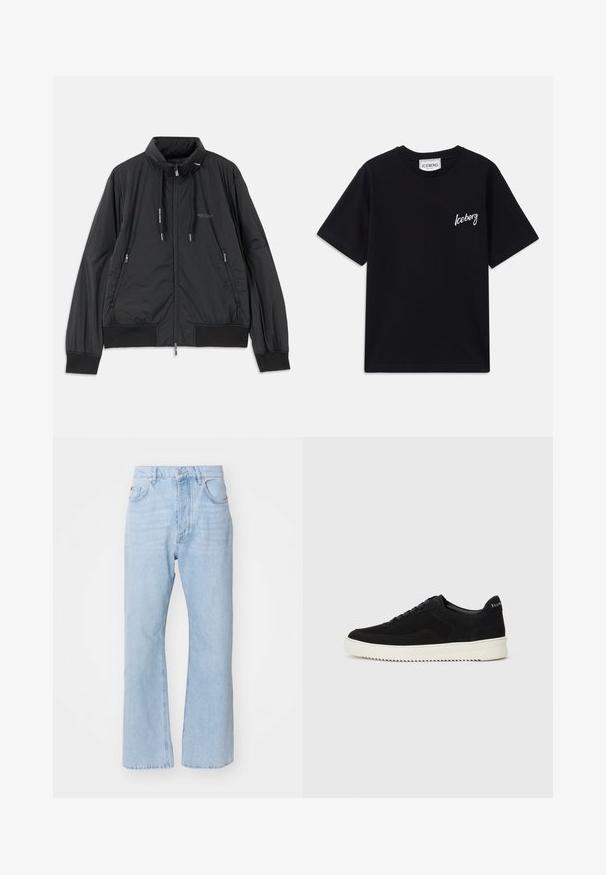 Černá lehká zipová bunda se stojáčkem, bočními kapsami na zip, stahovacími šnůrkami, žebrovanými manžetami a logem Armani Exchange na hrudi.; Černé bavlněné tričko s krátkými rukávy, kulatým výstřihem a bílým logem "Iceberg" vyšitou na levé části hrudi. Hladká textura.; Světle modré džíny s uvolněným střihem, rovnou nohavicou, tradičním pětipocketovým stylem a kovovým zapínáním.; Černé semišové tenisky s krajkovým designem a kontrastní bílou gumovou podrážkou. Obsahují texturované boční panely a jemné branding na patě.