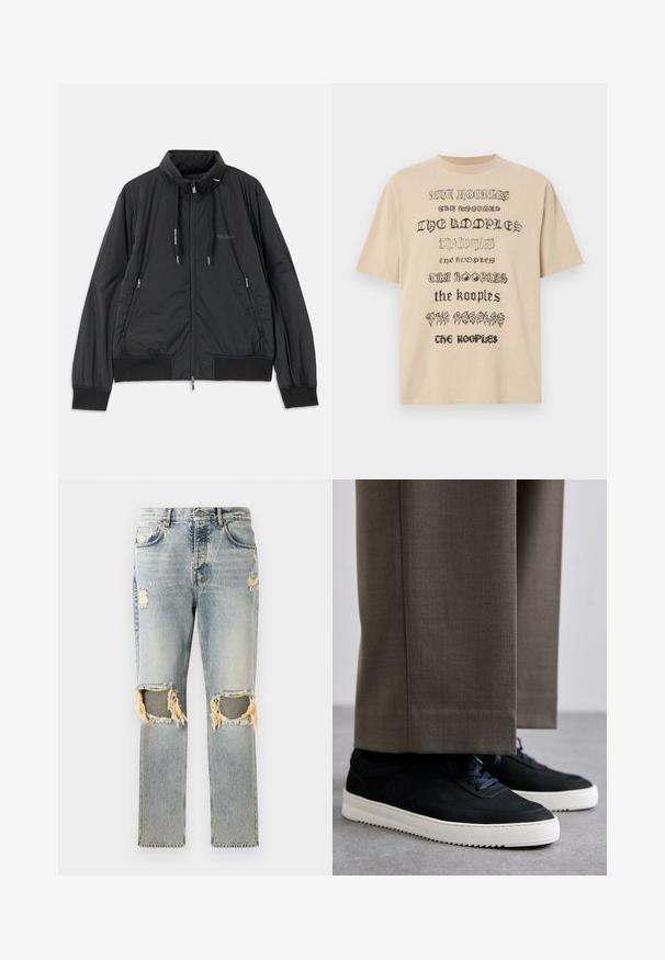 Svart lett zip-up jakke med ståkrage, glidelåslommer på sidene, snorer, ribbestrikkede mansjetter og Armani Exchange-logo på brystet.; Beige oversized t-skjorte med gjentatte tekstgrafikker i svart, med varierende skrifttyper. Laget av myk bomullsstoff.; Lyse blå denim jeans med en avslappet passform, med slitte områder og frynsete utskjæringer ved knærne. Klassisk femlommedesign.; Svarte suedeglans sneakers med hvite gummisåler, med rund tå og lisser, iført grå skreddersydde bukser.