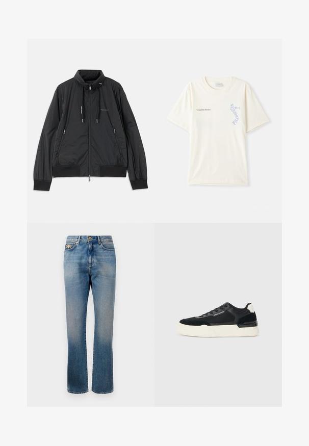 Mustmust mustrikk zip-up jakk, millel on seisev krae, tõmbluku külgtaskud, nöörid, soonikutega varrukad ning Armani Exchange logo rinnal.; Valge puuvillane t-särk lühikeste varrukatega, millel on rinnal musta ja sinise graafikaga tekst "United By Rhythm". Ümmargune kaelus.; Sinised teksapüksid sirge säärega, kerge kulumisega, kuldne nööp ja nurgarusikad, klassikaline viie tasku stiil.; Must musta, mis on valmistatud võrkmaterjalist ja nahast, pakub paksu valget tallat ja kontrastseid aktsente. Paelad ja logo detail külje peal.