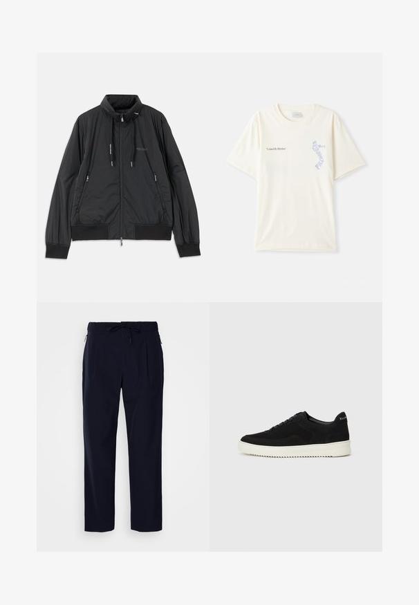 Juodas lengvas zip-up džemperis su stovinčiu apykakle, užtrauktukais šoninėse kišenėse, įveržimais, raibotu rankogaliu ir Armani Exchange logotipu ant krūtinės.; Balta medvilninė marškinėliai trumpomis rankovėmis, su juodu ir mėlynu užrašu „United By Rhythm“ ant krūtinės. Apvalaus iškirpimo dizainas.; J.LINDEBERG JIN PLEATED - Kelnės - navy; Juodos veliūrinės sportinės bateliai su raištelių dizainu ir kontrastinga balta gumine padais. Yra tekstūruoti šoniniai skydeliai ir subtilus logotipas ant kulno.