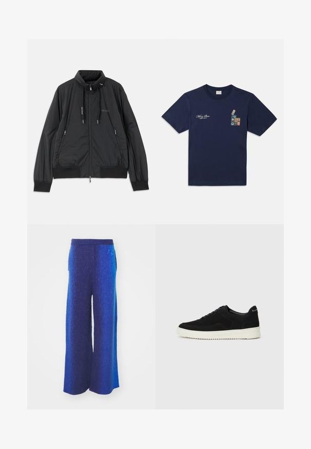 Casaco leve preto com fecho frontal e gola alta, bolsos laterais com fecho, cordões, punhos canelados e logótipo da Armani Exchange no peito.; T-shirt de algodão azul marinho com mangas curtas, apresentando uma ilustração de cassetes empilhadas e o texto "Killing Bees" no peito.; Calças largas em tons de azul em degradê, com um tecido texturizado, cintura elástica e bolsos laterais. Detalhe bordado subtil na cintura.; Sapatilhas de camurça pretas com design de atacadores e sola de borracha branca em contraste. Apresenta painéis laterais texturizados e uma marcação discreta no calcanhar.