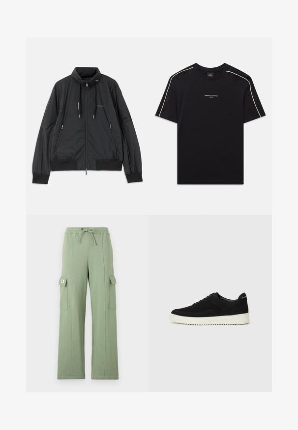 Svart lett zip-up jakke med ståkrage, glidelåslommer på sidene, snorer, ribbestrikkede mansjetter og Armani Exchange-logo på brystet.; Svart bomulls t-skjorte med korte ermer, rund hals, beige detaljer på skuldrene, og ARMANI EXCHANGE-logoen i midten.; Lys grønn cargo-bukse laget av bomullsblanding; har elastisk midje, snor, vide ben og to sidelommer med klafflukking.; Svart semsket sneakers med snøring og kontrasterende hvit gummisåle. Har teksturerte sidepaneler og subtil merkevare på hælen.