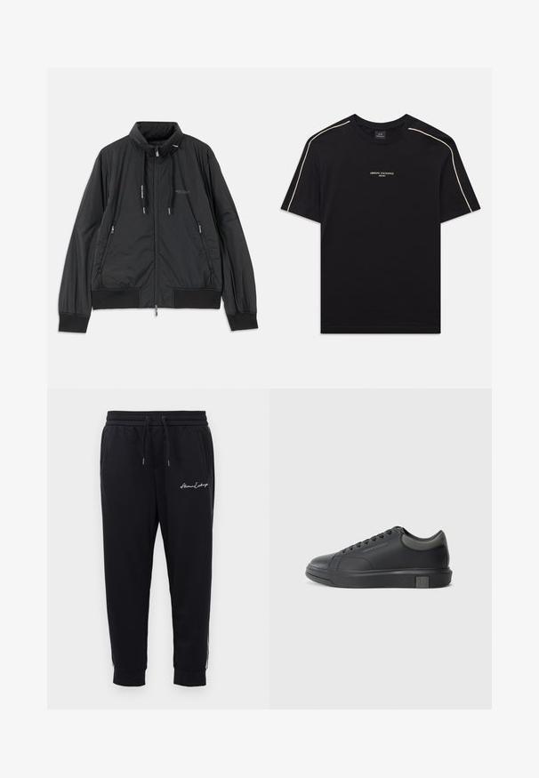 Juodas lengvas zip-up džemperis su stovinčiu apykakle, užtrauktukais šoninėse kišenėse, įveržimais, raibotu rankogaliu ir Armani Exchange logotipu ant krūtinės.; Juodas medvilninis marškinėliai su trumpomis rankovėmis, apvaliu kaklu, šviesiai rudos spalvos siūlėmis ant pečių ir ARMANI EXCHANGE logotipu viduryje.; Juodos sportinės kelnės iš minkštos medžiagos, su elastingu juosmeniu ir raišteliu, su siuvinėjimu ir užtrauktukais kišenėse.; Juodos odinės sportinės bateliai su lygiu paviršiumi, apvaliu nose ir tamsiai pilkais akcentais. Turi raištelių dizainą ir tekstūruotą gumos padas.