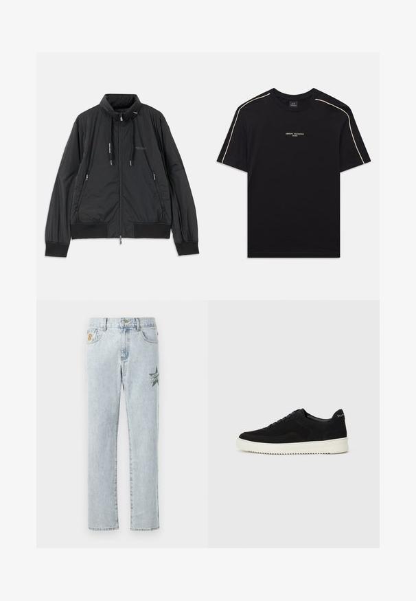 Melna, viegla, ar rāvējslēdzēju aizdara jaka ar stāvošu apkakli, rāvējslēdzēja sānu kabatām, sašaurinājuma auklām, ribota apakšmala piedurknēm un Armani Exchange logotipu uz krūšu.; Melna kokvilnas T-kreklā ar īsām piedurknēm, noapaļotu kakla izgriezumu, bēšas akcentu šķērsšuvēm plecos un ARMANI EXCHANGE logotipu vidū.; Gaiši zili džinsi ar taisnu piegriezumu, kurus rotā zaļa zvaigznes grafika un teksts "Billion Boys Club" kreisajā augšstilbā.; Melnas zamšas kedas ar auklām un kontrastējošu baltu gumijas zoli. Iekļauj teksturētas sānu panēles un diskretu zīmolu uz papēža.