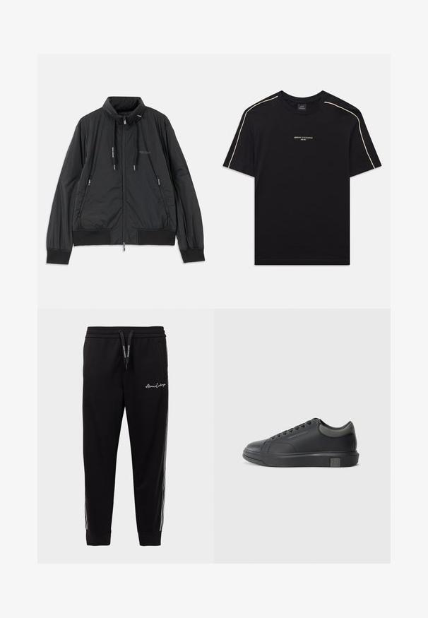 Schwarze, leichte, Reißverschlussjacke mit Stehkragen, Reißverschlusstaschen an den Seiten, Kordelzügen, gerippten Bündchen und Armani Exchange-Logo auf der Brust.; Schwarzes Baumwoll-T-Shirt mit kurzen Ärmeln, rundem Ausschnitt, beigem Akzentstich an den Schultern und ARMANI EXCHANGE-Logo in der Mitte.; Schwarze Jogginghose aus Baumwollmischung mit einem gerippten Bund, seitlichen weißen Streifen und Logo-Stickerei auf dem linken Oberschenkel.; Schwarze Ledersneaker mit glatter Oberfläche, runder Zehenpartie und dunkelgrauen Akzenten. Verfügt über ein Schnürdesign und eine strukturierte Gummisohle.