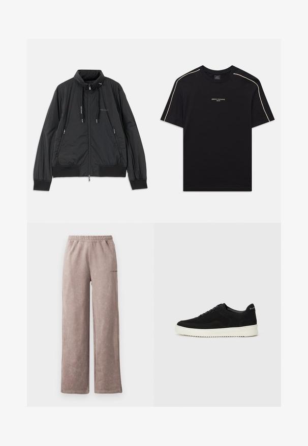 Black lightweight zip-up jacket with stand collar, zippered side pockets, drawstrings, ribbed cuffs, and Armani Exchange logo on chest.; Black cotton t-shirt with short sleeves, rounded neck, beige accent stitching on shoulders, and ARMANI EXCHANGE logo in the center.; Light brown sweatpants with a soft, textured finish, wide leg design, elasticated waistband, and subtle logo detail on the side.; Black suede sneaker with lace-up design and contrasting white rubber sole. Features textured side panels and subtle branding on the heel.