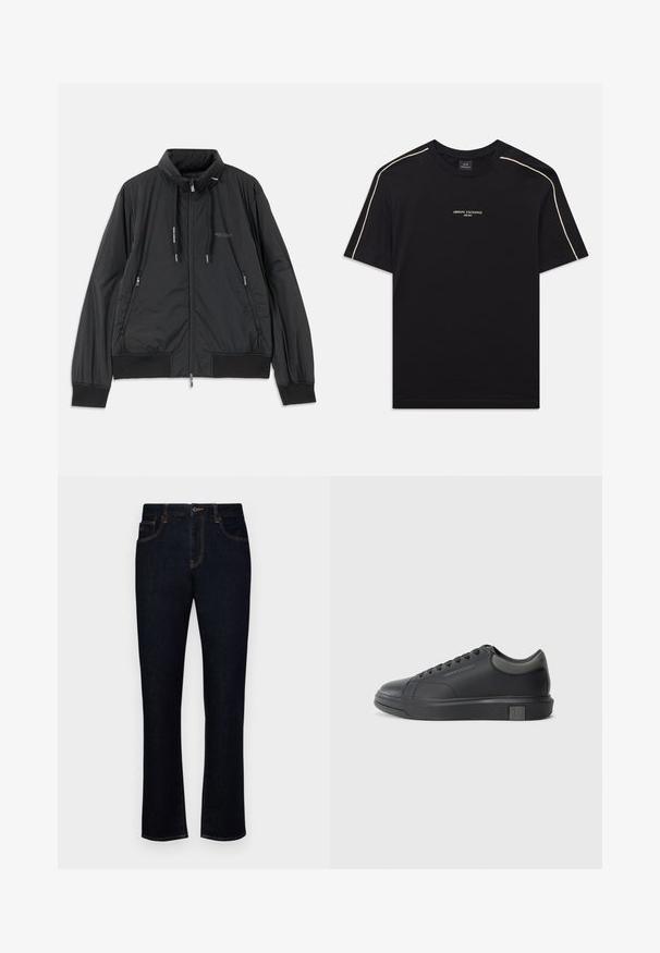 Crna lagana jakna na zip s visokom kragnom, bočnim dzepovima na zip, vezicama, rebrastim manžetama i logom Armani Exchange na prsima.; Crna pamučna majica s kratkim rukavima, okruglim izrezom, bež naglašenim šavovima na ramenima i ARMANI EXCHANGE logotipom u sredini.; Tamno plave traperice s ravnim nogavicama, vidljivim šavovima, zatvaranjem na gumb i patentni zatvarač, te standardnim džepovima.; Crne kožne tenisice s glatkom završnom obradom, okruglim vrhom i tamno sivim detaljima. Imaju vezanje i teksturiranu gumenu potplat.