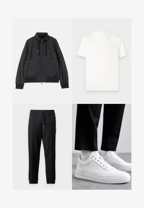 Black lightweight zip-up jacket with stand collar, zippered side pockets, drawstrings, ribbed cuffs, and Armani Exchange logo on chest.; White short-sleeve T-shirt made of smooth cotton with a textured square logo on the front. Round neckline and relaxed fit.; Black trousers with a waistband, drawstring, and elastic cuffs. Features pleats and a smooth, textured fabric.; White leather sneakers with a flat rubber sole, featuring a smooth finish, round toe, and metal eyelets for laces. Worn with black pants.