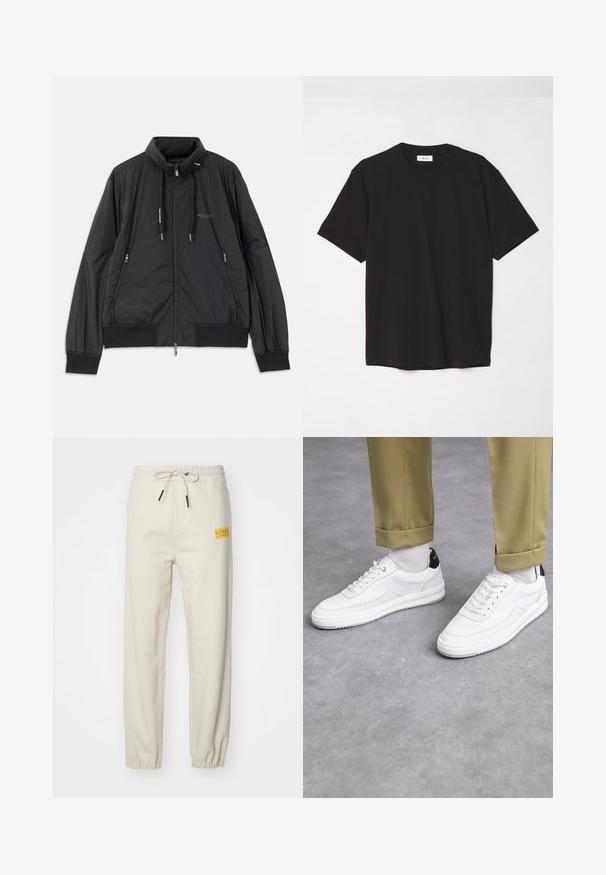 Zwarte lichtgewicht zip-up jack met opstaande kraag, ritszakken aan de zijkant, trekkoorden, geribbelde manchetten en het Armani Exchange-logo op de borst.; Zwarte katoenen t-shirt met een ronde hals, korte mouwen en een ontspannen pasvorm. Eenvoudig ontwerp, gladde textuur en geen zichtbare patronen of logo's.; Iceberg PANTALONE - Trainingsbroek - polvere; Witte sneakers met een textuur van leerafwerkingen, een ronde neus en een zwarte hielaccent. Rubberen zool met een klein profiel en gestikte details.