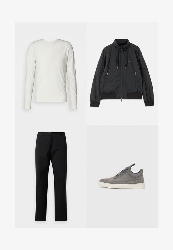 Μαύρο ελαφρύ τζάκετ με φερμουάρ και όρθιο γιακά, με φερμουάρ στις πλαϊνές τσέπες, κορδόνια, ριμπ μανσέτες και λογότυπο Armani Exchange στο στήθος.; Μακρυμάνικη μπλούζα σε εκρού βαμβάκι, με κρουαζέ λαιμό και λεία, απαλό υφή χωρίς ορατά σχέδια ή λεπτομέρειες.; Μαύρο παντελόνι ίσιας γραμμής με κλείσιμο από κουμπί και φερμουάρ, θηλιές ζώνης και εμπρός τσέπες, σε λευκό φόντο.; Γκρι σουέτ αθλητικά παπούτσια με υφή, διαθέτοντας λευκή καουτσούκ σόλα, στρογγυλά κορδόνια και χαμηλό σχέδιο.