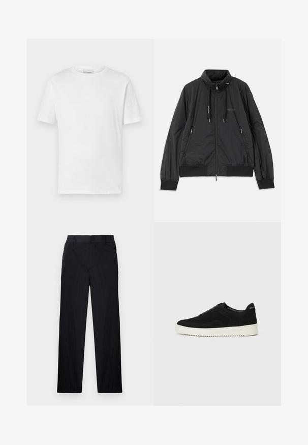 Giacca nera leggera con zip, colletto rialzato, tasche laterali con zip, lacci, polsini a coste e logo Armani Exchange sul petto.; T-shirt bianco a maniche corte realizzato in cotone. Presenta un collo rotondo e un orlo dritto. Senza motivi né decorazioni. Design semplice.; Pantaloni neri realizzati in un tessuto leggero e strutturato, con taglio dritto, vita elasticizzata e tasche laterali con zip.; Sneaker in suede nero con design con lacci e suola in gomma bianca a contrasto. Presenta pannelli laterali testurizzati e un marchio discreto sul tallone.