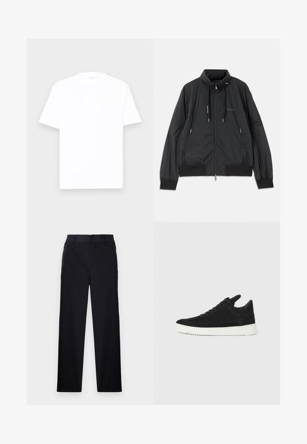 Czarna, lekka kurtka z zamkiem błyskawicznym i stojącym kołnierzem, z zamykanymi kieszeniami po bokach, sznurkami ściągającymi, ściągaczami przy mankietach oraz logo Armani Exchange na klatce piersiowej.; Biała bawełniana koszulka z okrągłym dekoltem, krótkimi rękawami i luźnym krojem. Gładka tekstura, minimalne detale, bez wzorów i grafik.; Czarne spodnie wykonane z lekkiego, teksturowanego materiału, o prostym kroju, z elastycznym paskiem i bocznymi kieszeniami na zamek.; Czarne zamszowe sneakersy z białą gumową podeszwą, z tonalnym przeszyciem i sznurowanym zapięciem. Gładka tekstura, nowoczesny, smukły kształt.