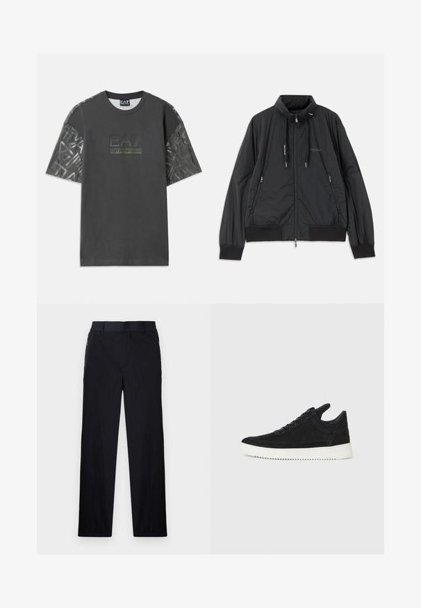 Casaco leve preto com fecho frontal e gola alta, bolsos laterais com fecho, cordões, punhos canelados e logótipo da Armani Exchange no peito.; T-shirt de algodão cinza com mangas curtas, apresentando um tecido estampado nas mangas e um logo central com a inscrição "EA7 Emporio Armani."; Calças pretas com um tecido leve e texturizado, design de pernas retas, cintura elástica e bolsos laterais com fecho.; Sapatilha de camurça preta com sola de borracha branca, apresentando costuras tonais e um design com atacadores. Textura suave com uma forma moderna e simplificada.