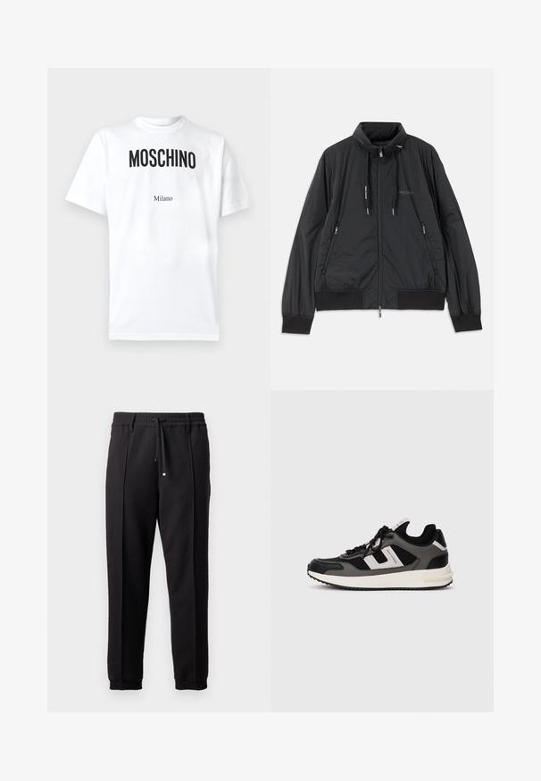 Černá lehká zipová bunda se stojáčkem, bočními kapsami na zip, stahovacími šnůrkami, žebrovanými manžetami a logem Armani Exchange na hrudi.; Bílé bavlněné tričko s výrazným černým nápisem "MOSCHINO" a menším nápisem "Milano" pod ním. Krátké rukávy a klasický kulatý výstřih.; Černé kalhoty s páskem, šňůrkou na stažení a elastickými manžetami. Obsahují sklady a hladkou, strukturovanou látku.; Černé a šedé pánské tenisky s bílou podrážkou, šněrováním vpředu a brandingem Armani Exchange na bočním panelu.