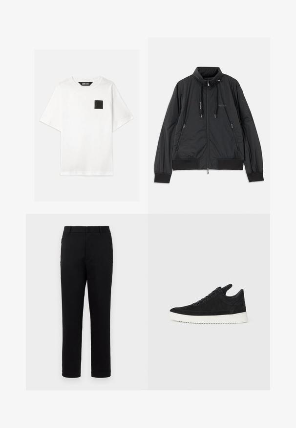 Crna lagana jakna na zip s visokom kragnom, bočnim dzepovima na zip, vezicama, rebrastim manžetama i logom Armani Exchange na prsima.; Bijela pamučna majica s kratkim rukavima, s crnim kvadratnim logotipom na lijevoj strani grudnog koša. Okrugli izrez, ležeran kroj.; Crne hlače s ravnim nogavicama, izrađene od glatkog materijala. Imaju srednji struk i bočne džepove. Minimalistički stil bez uzoraka.; Crne nubuk tenisice s bijelim gumenim potplatom, s toniranim šavovima i dizajnom vezanja. Glatka tekstura s modernim, strujnim oblikom.