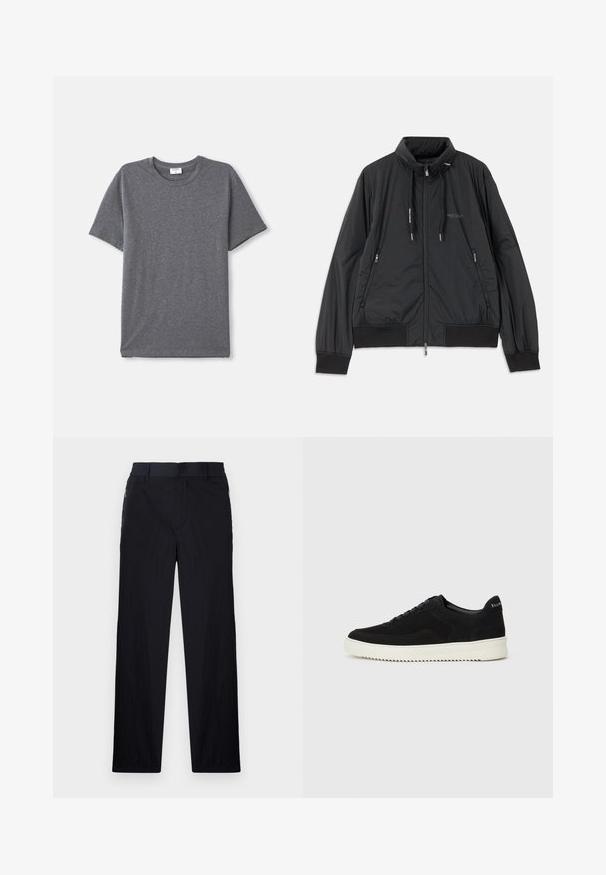 Casaco leve preto com fecho frontal e gola alta, bolsos laterais com fecho, cordões, punhos canelados e logótipo da Armani Exchange no peito.; T-shirt cinza de manga curta feita de um tecido macio e suave. Decote redondo clássico com um ajuste descontraído e sem características de design proeminentes.; Calças pretas com um tecido leve e texturizado, design de pernas retas, cintura elástica e bolsos laterais com fecho.; Sapatilhas de camurça pretas com design de atacadores e sola de borracha branca em contraste. Apresenta painéis laterais texturizados e uma marcação discreta no calcanhar.