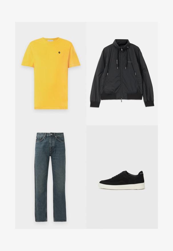 Schwarze, leichte, Reißverschlussjacke mit Stehkragen, Reißverschlusstaschen an den Seiten, Kordelzügen, gerippten Bündchen und Armani Exchange-Logo auf der Brust.; Gelbes Baumwoll-T-Shirt mit kurzen Ärmeln, rundem Halsausschnitt und einem kleinen schwarzen Logo auf der linken Brustseite. Breite und glatte Textur mit normaler Passform.; Dunkelblaue Denim-Jeans mit geradem Bein-Design, ausgestattet mit fünf Taschen, einem Knopfverschluss und kontrastierenden Steppdetails.; Schwarze Wildleder-Sneaker mit Schnürdesign und kontrastierender weißer Gummisohle. Verfügt über strukturierte Seitenpaneele und dezentes Branding an der Ferse.
