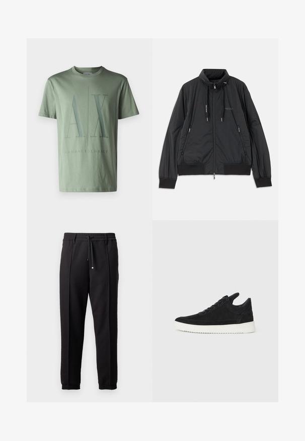 Černá lehká zipová bunda se stojáčkem, bočními kapsami na zip, stahovacími šnůrkami, žebrovanými manžetami a logem Armani Exchange na hrudi.; Armani Exchange Triko s potiskem - agave green; Černé kalhoty s páskem, šňůrkou na stažení a elastickými manžetami. Obsahují sklady a hladkou, strukturovanou látku.; Černé semišové tenisky s bílou gumovou podrážkou, s tónovým prošitím a šněrováním. Hladký povrch s moderním, aerodynamickým tvarem.