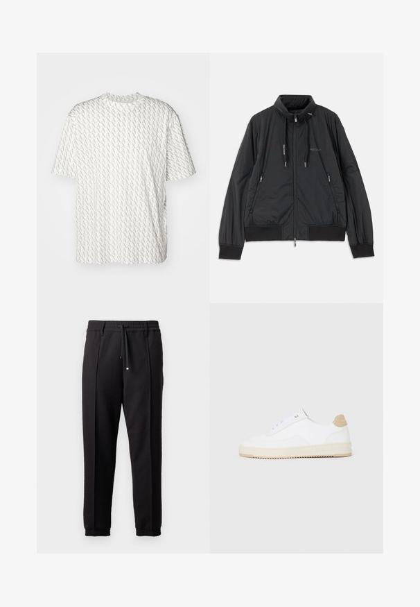 Črn lahek jakna na zadrgo s stojnicnim ovratnikom, zadrgami na strani, vrvicami, rebrastimi manšeti in logotipom Armani Exchange na prsih.; Bela majica s kratkimi rokavi, okroglim izrezom in sproščenim krojem, ki je odeta v ponavljajoč sivi vzorec črke "A". Narejena iz mehkega materiala.; Črne hlače z pasom, vrvico in elastičnimi manšeti. Imajo nabore in gladko teksturirano blago.; Bele nizke superge z zgornjim delom iz teksturirane usnjene površine, smetano obrobljenim podplatom in svetlo rjavo akcentom na peti. Imajo bele vezalke in podrobnost z logotipom na peti.