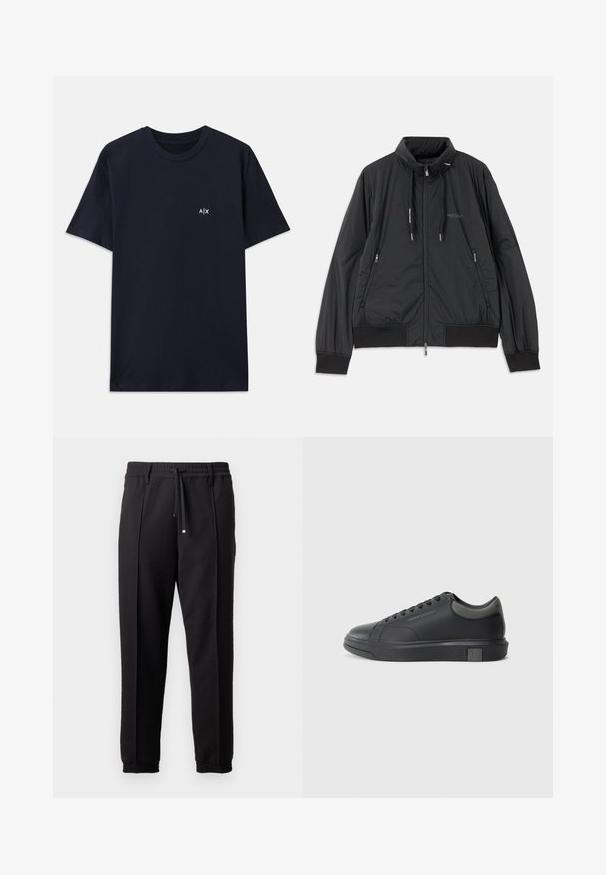 Črn lahek jakna na zadrgo s stojnicnim ovratnikom, zadrgami na strani, vrvicami, rebrastimi manšeti in logotipom Armani Exchange na prsih.; Temno modra bombažna majica s kratkimi rokavi in krojnim izrezom. Na levi strani prsnega dela ima majhen bel logotip "A|X".; Črne hlače z pasom, vrvico in elastičnimi manšeti. Imajo nabore in gladko teksturirano blago.; Črne usnjene teniske s gladko površino, zaobljenim prstom in temno sivo akcenti. Imajo sistem vezanja in teksturiran gumijast podplat.
