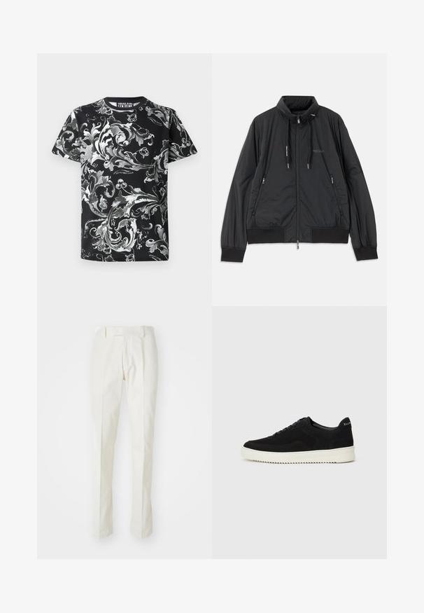 Svart lett zip-up jakke med ståkrage, glidelåslommer på sidene, snorer, ribbestrikkede mansjetter og Armani Exchange-logo på brystet.; Svart t-skjorte med intrikat hvit og grå blomsterdesign, rund hals, korte ermer, myk stoffkvalitet, og logoen "Versace Jeans Couture" foran.; Hvite bukser laget av bomull, med rett ben-design, flat front og uten synlige mønstre eller metallkomponenter. Glatt tekstur.; Svart semsket sneakers med snøring og kontrasterende hvit gummisåle. Har teksturerte sidepaneler og subtil merkevare på hælen.
