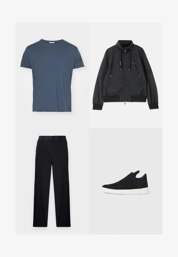 Svart lättvikts zip-jacka med ståkrage, dragkedjefickor i sidan, dragsko, ribbade ärmmuddar och Armani Exchange-logotyp på bröstet.; Filippa K ROLL NECK TEE - T-shirt - bas - dawn blue; Svarta byxor med lätt, texturerad tyg, rak benmodell, elastisk midja och sidofickor med dragkedja.; Svart mockaskor med en vit gummisula, som har ton-i-ton-sömmar och snörningsdesign. Slät textur med en modern, strömlinjeformad form.
