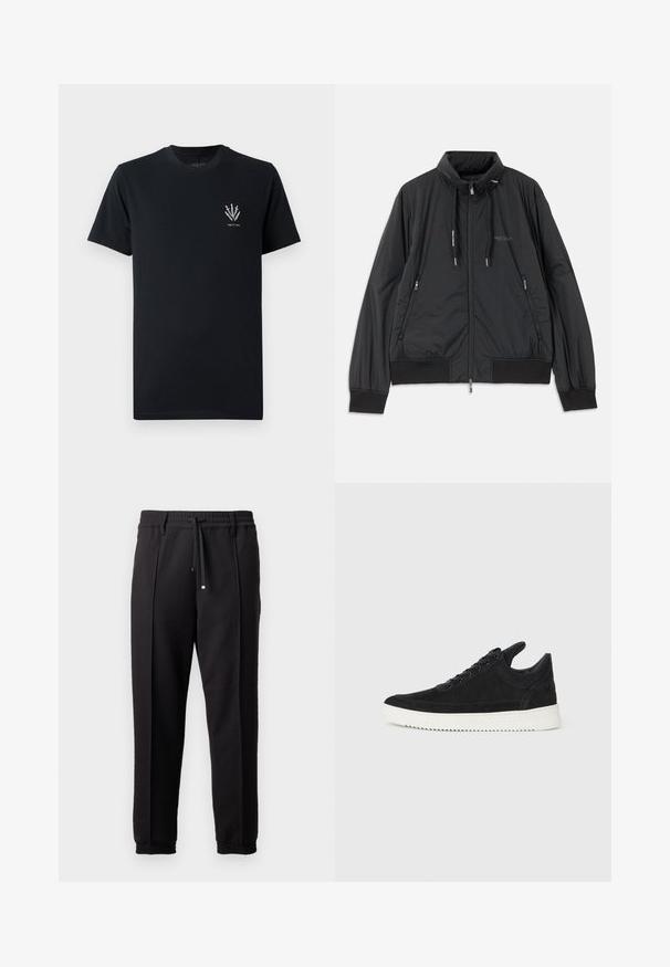 Giacca nera leggera con zip, colletto rialzato, tasche laterali con zip, lacci, polsini a coste e logo Armani Exchange sul petto.; T-shirt in cotone nero con collo a giro, maniche corte e una piccola grafica di spade bianche nell'area sinistra del petto.; Pantaloni neri con cintura, cordoncino e polsini elasticizzati. Presentano pieghe e un tessuto liscio e strutturato.; Sneaker in suede nero con suola in gomma bianca, caratterizzato da cuciture tonali e design con lacci. Texture liscia con una forma moderna e aerodinamica.