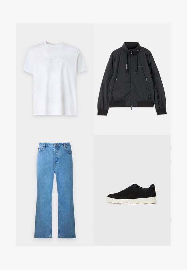 Μαύρο ελαφρύ τζάκετ με φερμουάρ και όρθιο γιακά, με φερμουάρ στις πλαϊνές τσέπες, κορδόνια, ριμπ μανσέτες και λογότυπο Armani Exchange στο στήθος.; Λευκό κοντομάνικο μπλουζάκι crew neck με ανάγλυφο λογότυπο "MICHAEL KORS" στο κέντρο του στήθους απέναντι από απλή φόντο.; Ανοιχτό μπλε τζιν καμπάνα με ψηλή μέση, πέντε τσέπες και διακριτικό ξεθώριασμα. Διαθέτει ραφές διακοσμητικές και κλείσιμο με κουμπί.; Μαύρο σουέτ αθλητικό παπούτσι με σχέδιο κορδονιών και λευκή λαστιχένια σόλα σε αντίθεση. Διαθέτει υφαντές πλαϊνές πάνελ και διακριτική σήμανση στην φτέρνα.