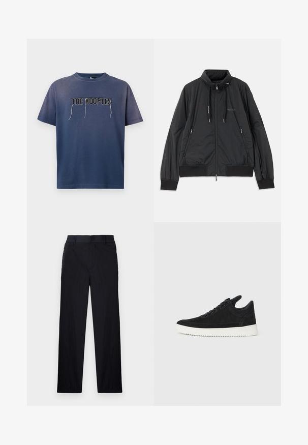Juodas lengvas zip-up džemperis su stovinčiu apykakle, užtrauktukais šoninėse kišenėse, įveržimais, raibotu rankogaliu ir Armani Exchange logotipu ant krūtinės.; Tamsiai mėlyna medvilninė marškinėliai su trumpomis rankovėmis, su siuvinėtu tekstu "THE KOOPLES" kontrastinga siūle priekyje. Paprastas dizainas, laisvas kirpimas.; Juodos kelnės, pagamintos iš lengvos tekstūruotos medžiagos, tiesaus silueto, su elastingu juosmeniu ir šoniniais užtrauktukų kišenėmis.; Juodų suede sportbačių su balta gumine padu, su toniniais siuvinėjimais ir raištelių užsegimu. Sklandus paviršius su šiuolaikine, laiko forma.