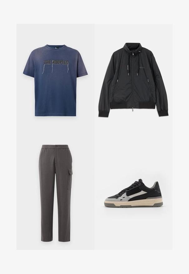 Černá lehká zipová bunda se stojáčkem, bočními kapsami na zip, stahovacími šnůrkami, žebrovanými manžetami a logem Armani Exchange na hrudi.; Námořnická modrá bavlněná tričko s krátkým rukávem, s vyšívaným textem "THE KOOPLES" v kontrastní nitě na přední straně. Jednoduchý design, uvolněný střih.; Šedé kalhoty s volným střihem, vyrobené z hladkého materiálu. Obsahují zapínání na knoflík, boční kapsy a cargo kapsu na nohavici.; Tenisky s černými a šedými panely, texturovanou síťovinou, hladkou kůží a krémovou gumovou podrážkou s minimalistickým designem.