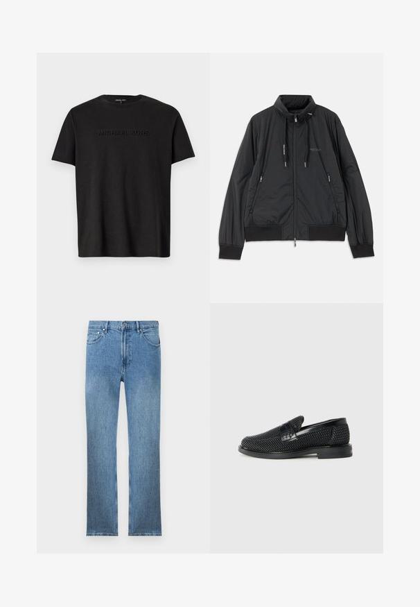 Sort letvægts zip-up jakke med standkrave, lynlåslommer på siden, snore, ribbede manchetter og Armani Exchange-logo på brystet.; Sort bomulds T-shirt med korte ærmer, prydet med et svagt præget "MICHAEL KORS" logo på brystet og klassisk rund halsudskæring.; Lysblå denim jeans med lige snit, fem lommer, lynlås og kontrastsyninger. Stoffet har en glat, tekstureret overflade.; Sort vævet slip-on sko med en glat læderdetalje på overdelen, en rund tådesign og en lavprofil gummisål.