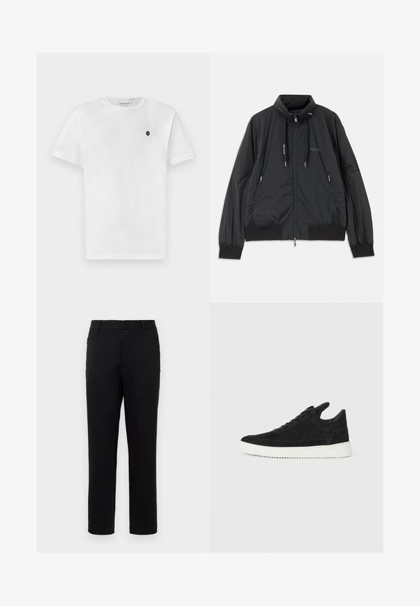 Crna lagana jakna na zip s visokom kragnom, bočnim dzepovima na zip, vezicama, rebrastim manžetama i logom Armani Exchange na prsima.; Bijela pamučna majica kratkih rukava s okruglim izrezom i malim crnim logom na lijevoj strani prsnog koša. Glatka tekstura, klasičan kroj.; Crne hlače s ravnim nogavicama, izrađene od glatkog materijala. Imaju srednji struk i bočne džepove. Minimalistički stil bez uzoraka.; Crne nubuk tenisice s bijelim gumenim potplatom, s toniranim šavovima i dizajnom vezanja. Glatka tekstura s modernim, strujnim oblikom.
