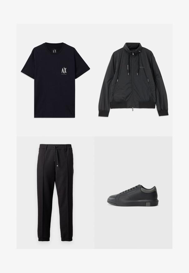 Juodas lengvas zip-up džemperis su stovinčiu apykakle, užtrauktukais šoninėse kišenėse, įveržimais, raibotu rankogaliu ir Armani Exchange logotipu ant krūtinės.; Juodas medvilnės marškinėliai trumpomis rankovėmis, apvaliu kaklu ir baltu logotipu kairėje krūtinės pusėje. Lygus paviršius ir laisvas kirpimas.; Juodos kelnės su juosmeniu, raišteliu ir elastingais rankogaliais. Yra raukšlės ir lygus, tekstūruotas audinys.; Juodos odinės sportinės bateliai su lygiu paviršiumi, apvaliu nose ir tamsiai pilkais akcentais. Turi raištelių dizainą ir tekstūruotą gumos padas.