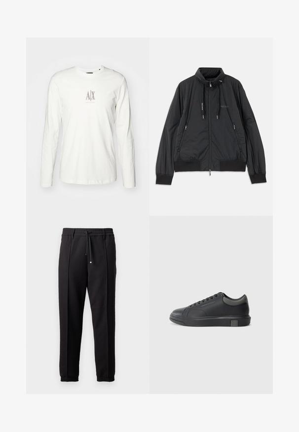 Crna lagana jakna na zip s visokom kragnom, bočnim dzepovima na zip, vezicama, rebrastim manžetama i logom Armani Exchange na prsima.; Bijela pamučna majica dugih rukava sa malim bež logom sa "AX" u sredini. Glatka tekstura i klasični okrugli izrez.; Crne hlače s pojasom, vezicom i elastičnim rubovima. Imaju nabore i glatku, teksturiranu tkaninu.; Crne kožne tenisice s glatkom završnom obradom, okruglim vrhom i tamno sivim detaljima. Imaju vezanje i teksturiranu gumenu potplat.