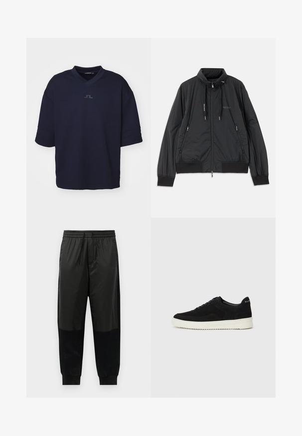 Black lightweight zip-up jacket with stand collar, zippered side pockets, drawstrings, ribbed cuffs, and Armani Exchange logo on chest.; Navy blue short-sleeve polo shirt with a V-neck and textured fabric. Features a subtle logo detail at the chest.; Black athletic pants featuring a blend of smooth and textured fabrics, elastic waistband with drawstring, and tapered cuffs.; Black suede sneaker with lace-up design and contrasting white rubber sole. Features textured side panels and subtle branding on the heel.