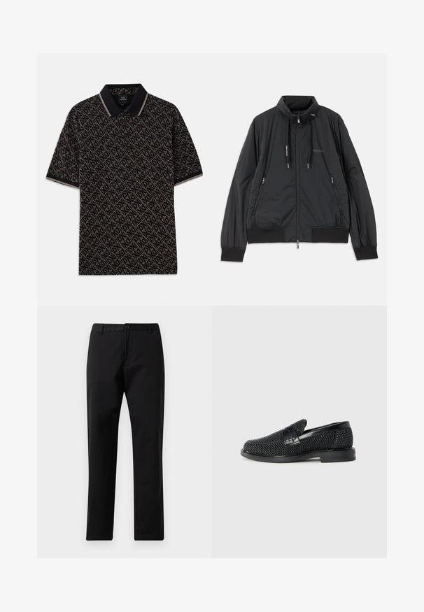 Černá lehká zipová bunda se stojáčkem, bočními kapsami na zip, stahovacími šnůrkami, žebrovanými manžetami a logem Armani Exchange na hrudi.; Černé polo tričko s geometrickým zlatým vzorem, krátké rukávy a klasický límeček s jemnými pruhovanými akcenty.; Černé rovné kalhoty se zapínáním na knoflík a zip, s poutky na opasek a předními kapsami, vystavené na bílém pozadí.; Černé pletené nazouvací boty s hladkým koženým akcentem na svršku, kulatou špičkou a nízkoprofilovou gumovou podrážkou.