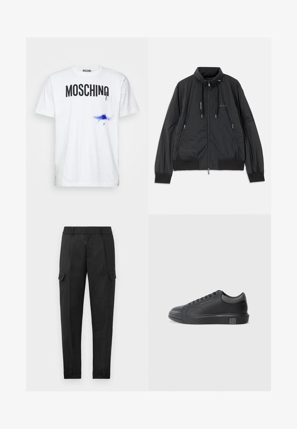 Casaco leve preto com fecho frontal e gola alta, bolsos laterais com fecho, cordões, punhos canelados e logótipo da Armani Exchange no peito.; MOSCHINO WITH LOGO PEN INK - T-shirt estampada - white; Calças cargo pretas com uma cintura elástica, perna afunilada, bolsos laterais e um único bolso cargo na coxa esquerda. Textura suave.; Sapatilha de couro preto com acabamento suave, bico arredondado e detalhes em cinza escuro. Apresenta um design de atacadores e sola de borracha texturizada.