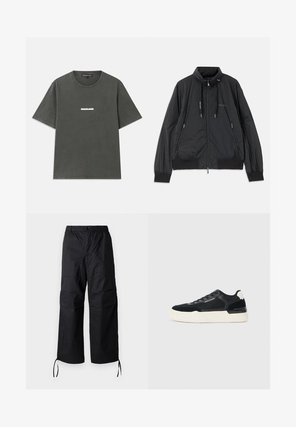 Crna lagana jakna na zip s visokom kragnom, bočnim dzepovima na zip, vezicama, rebrastim manžetama i logom Armani Exchange na prsima.; Siva pamučna majica s kratkim rukavima, okruglim izrezom i bijelim logotipom otisnutim na prsima. Glatka tekstura s ležernim dizajnom.; Crne cargo hlače od laganog materijala, sa širokim nogavicama, elastičnim pojasom i podesivim špagicama na manžetama. Dva bočna džepa.; Crne tenisice od mrežaste tkanine i kože, s debelim bijelim potplatom i kontrastnim detaljima. Šnure i logo detalj sa strane.