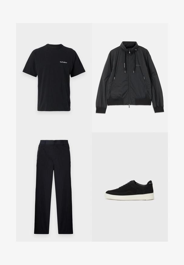 Čierna ľahká zipsová bunda so stojačikom, bočnými zipsovými vreckami, šnúrkami, rebrovanými manžetami a logom Armani Exchange na hrudi.; Čierne bavlnené tričko s okrúhlym výstrihom a krátkymi rukávmi. Na ľavej hrudi je biele písmo "No Problemo".; Čierne nohavice z ľahkého textúrovaného materiálu, s priamym strihom, elastickým pásom a bočnými zipsovými vreckami.; Čierne semišové tenisky s šnurovacím dizajnom a kontrastnou bielou gumovou podrážkou. Obsahujú štruktúrované bočné panely a jemné logo na päte.