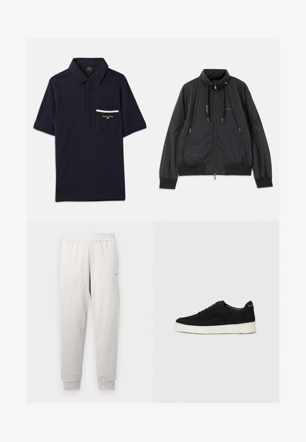 Casaco leve preto com fecho frontal e gola alta, bolsos laterais com fecho, cordões, punhos canelados e logótipo da Armani Exchange no peito.; Polo azul-marinho em algodão, com gola de três botões, mangas curtas e um bolso com detalhe listrado em branco.; Calças de moletão cinza claro com uma cintura elástica, bolsos laterais, punhos canelados e uma marcação subtil na perna, feitas de um tecido suave.; Sapatilhas de camurça pretas com design de atacadores e sola de borracha branca em contraste. Apresenta painéis laterais texturizados e uma marcação discreta no calcanhar.