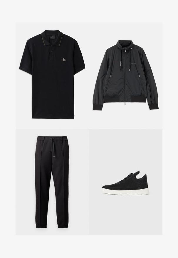 Svart lättvikts zip-jacka med ståkrage, dragkedjefickor i sidan, dragsko, ribbade ärmmuddar och Armani Exchange-logotyp på bröstet.; Svart polo skjorta i bomull med grön krage. Har en liten flerfärgad elefant broderad på vänster bröst.; Svarta byxor med midjeresår, dragsnodd och elastiska muddar. Har veck och ett jämnt, texturerat tyg.; Svart mockaskor med en vit gummisula, som har ton-i-ton-sömmar och snörningsdesign. Slät textur med en modern, strömlinjeformad form.