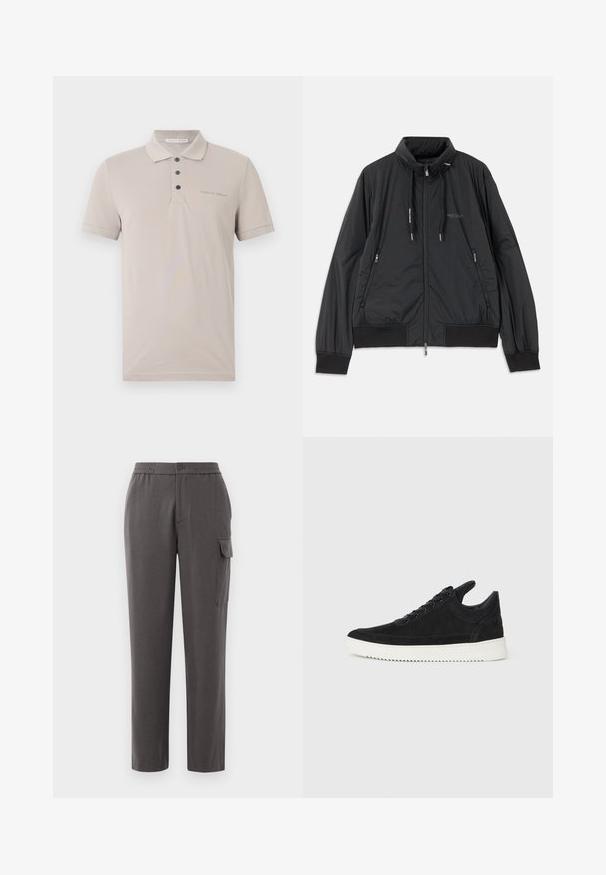 Black lightweight zip-up jacket with stand collar, zippered side pockets, drawstrings, ribbed cuffs, and Armani Exchange logo on chest.; Beige polo shirt made of soft fabric. Features a collar, three-button placket, and subtle branding on the left side. Short sleeves.; Gray pants with a relaxed fit, made from a smooth fabric. Features a button closure, side pockets, and a cargo pocket on the leg.; Black suede sneaker with a white rubber sole, featuring tonal stitching and lace-up design. Smooth texture with a modern, streamlined shape.