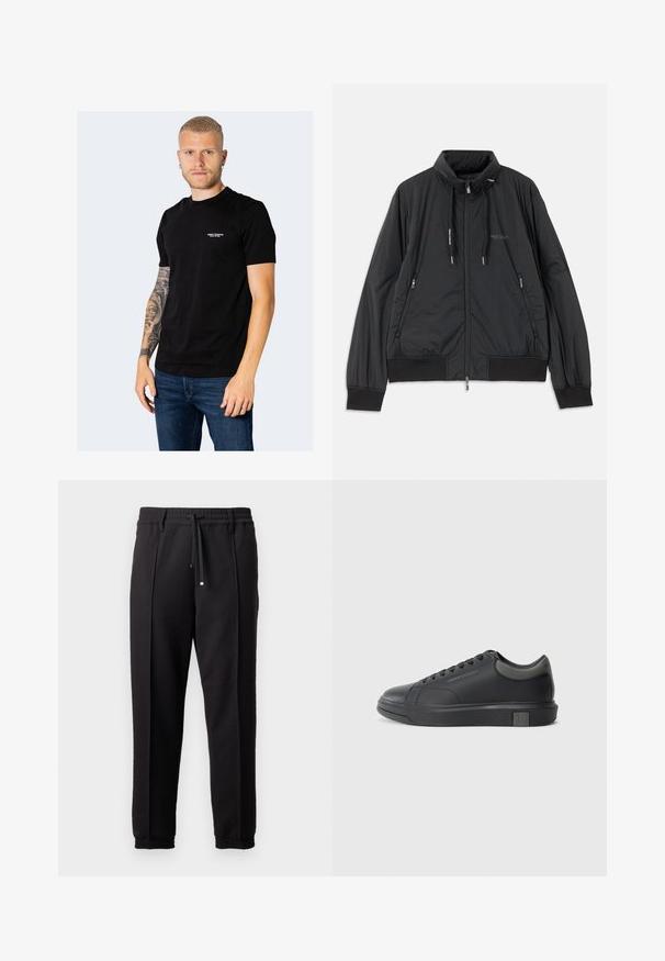 Juodas lengvas zip-up džemperis su stovinčiu apykakle, užtrauktukais šoninėse kišenėse, įveržimais, raibotu rankogaliu ir Armani Exchange logotipu ant krūtinės.; Juoda medvilninė marškinėliai trumpomis rankovėmis, apvaliu iškirpimu ir mažais išsiuvinėtais ženklais ant krūtinės. Dėvimi su mėlynais džinsais.; Juodos kelnės su juosmeniu, raišteliu ir elastingais rankogaliais. Yra raukšlės ir lygus, tekstūruotas audinys.; Juodos odinės sportinės bateliai su lygiu paviršiumi, apvaliu nose ir tamsiai pilkais akcentais. Turi raištelių dizainą ir tekstūruotą gumos padas.