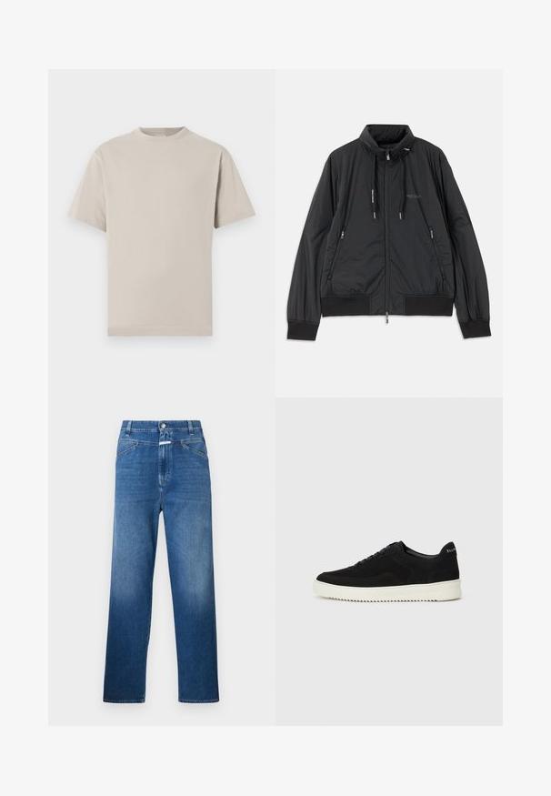 Sort letvægts zip-up jakke med standkrave, lynlåslommer på siden, snore, ribbede manchetter og Armani Exchange-logo på brystet.; Lys beige bomulds t-shirt med rund hals, korte ærmer og lige kant. Glat tekstur uden mønstre eller udsmykninger.; Blå denimjeans med lige ben, der har en knaplukning, bæltestropper og let falmning på lårene.; Sort ruskinds sneaker med snørebånd og kontrasterende hvid gummisål. Har teksturerede sidepaneler og diskret branding på hælen.