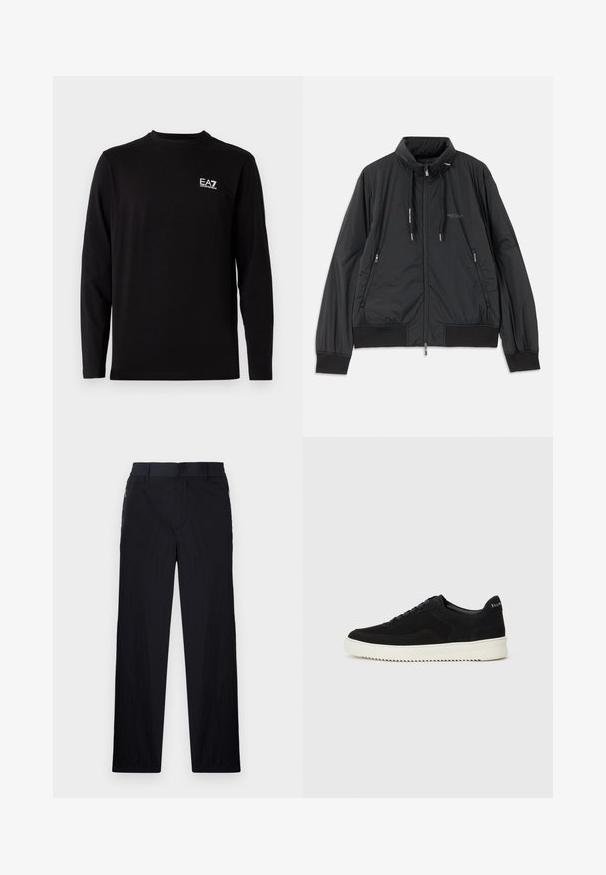 Melna, viegla, ar rāvējslēdzēju aizdara jaka ar stāvošu apkakli, rāvējslēdzēja sānu kabatām, sašaurinājuma auklām, ribota apakšmala piedurknēm un Armani Exchange logotipu uz krūšu.; Melnas garām piedurknēm krekliņš, kas izgatavots no mīkstas auduma. Uz kreisā krūšu apvidus ir neliels balts logs. Vienkāršs, apaļš kakla izgriezums un taisna piegriezuma forma.; Melni bikses ar vieglu, teksturētu audumu, taisnu kāju dizainu, elastīgu jostu un sānu rāvējslēdzēju kabatām.; Melnas zamšas kedas ar auklām un kontrastējošu baltu gumijas zoli. Iekļauj teksturētas sānu panēles un diskretu zīmolu uz papēža.