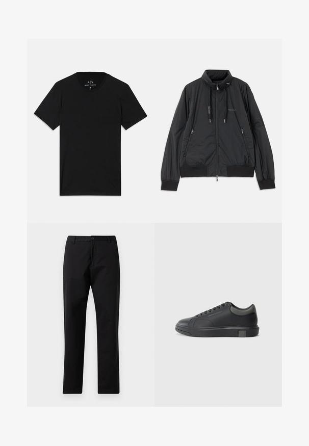 Melna, viegla, ar rāvējslēdzēju aizdara jaka ar stāvošu apkakli, rāvējslēdzēja sānu kabatām, sašaurinājuma auklām, ribota apakšmala piedurknēm un Armani Exchange logotipu uz krūšu.; Melnā kokvilnas T-kreklā ir īsas piedurknes, apaļa kakla izgriezums un uzlīme ar zīmola logo iekšējā apkaklē.; Melni taisni bikses ar pogu un rāvējslēdzēja aizdari, jostas cilpām un priekšējiem kabatām, izliktas uz baltas fona.; Melna ādas sporta apavi ar gludu apdari, noapaļotu purngali un tumši pelēkiem akcentiem. Aprīkoti ar šņorēšanas dizainu un strukturētu gumijas zoli.