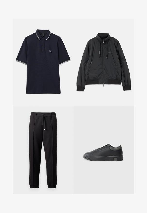 Svart lett zip-up jakke med ståkrage, glidelåslommer på sidene, snorer, ribbestrikkede mansjetter og Armani Exchange-logo på brystet.; Marineblå poloskjorte i bomull med klassisk krage, to-knapp placket og hvite striper på ermene. Lite logo på brystet.; Sorte bukser med liv, snor og elastiske mansjetter. Har plisséer og et glatt, teksturert stoff.; Sorte lærersneakers med en glat finish, rund tå og mørkegrå detaljer. Har snørebånd og en struktureret gummisål.